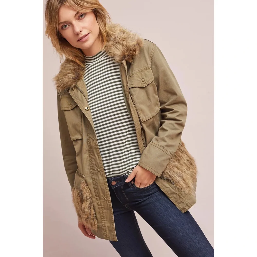 Anthropologie Faux Fur-Trimmed Field Parka Olive Green Jacket Women’s Medium - Picture 16 of 16